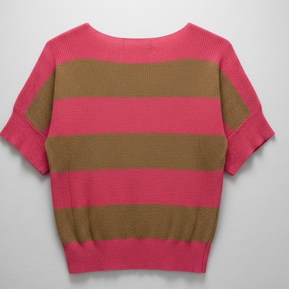 POL Pink & Brown Striped Short Sleeve Sweater Knit Top - Size L - Picture 2 of 4